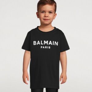 Balmain Kids Crew Neck Cotton  Logo Tee in Black with White Logo Size 4A